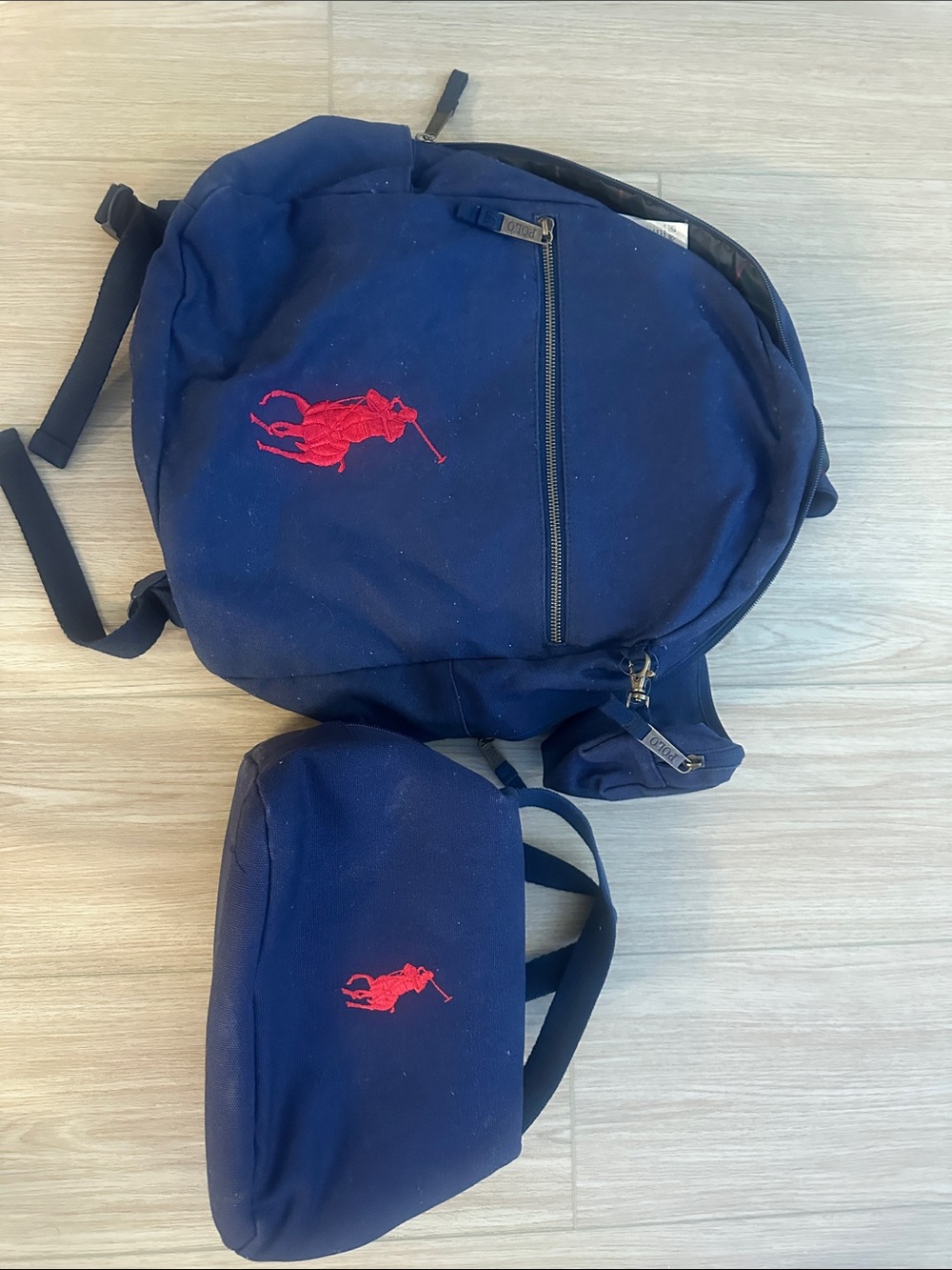 Polo by Ralph Lauren Navy Backpack with Red Pony Embroidery and Matching Pouch